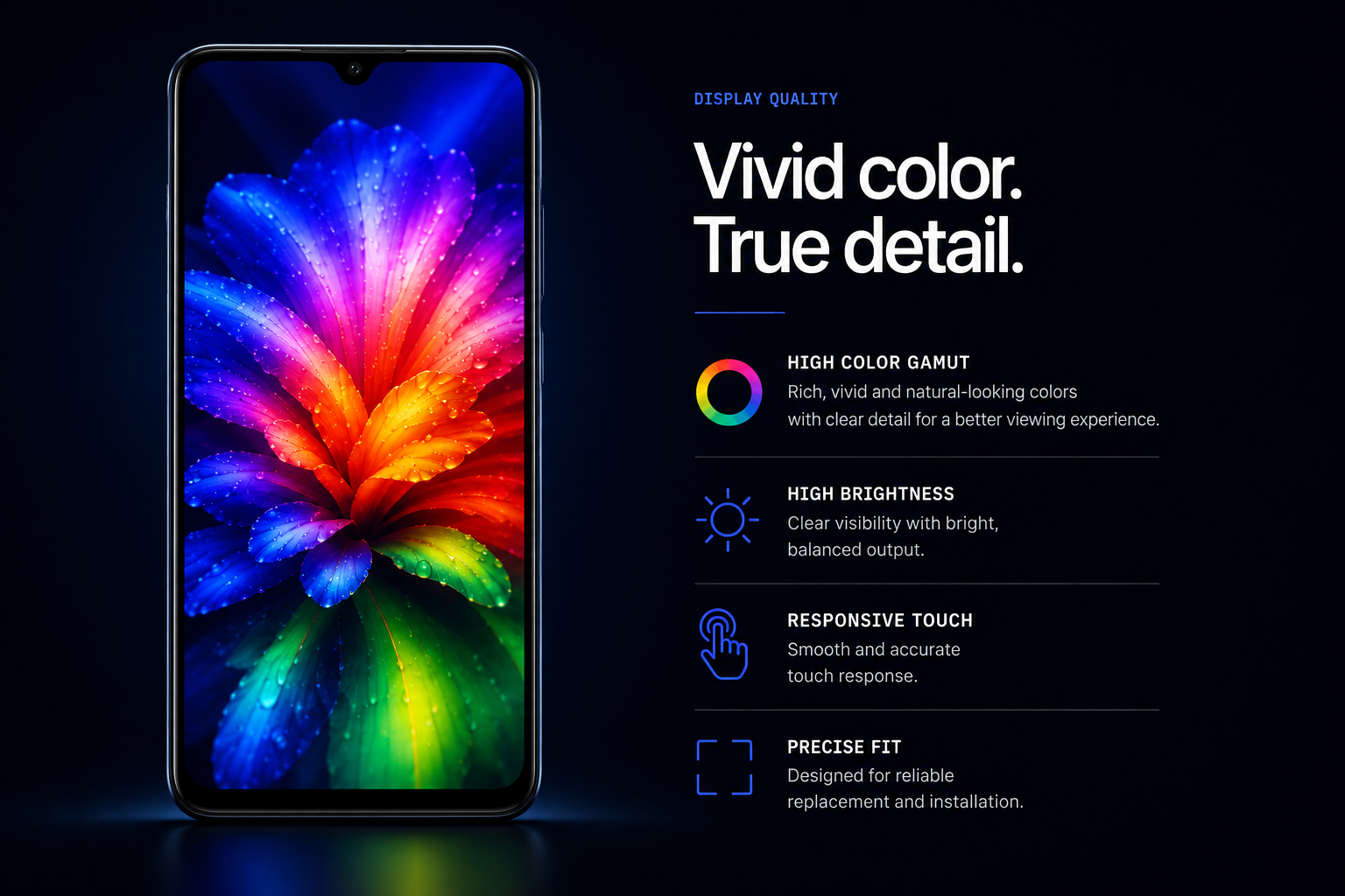 MA display quality showing vivid High Color Gamut, High Brightness, Responsive Touch and Precise Fit.
