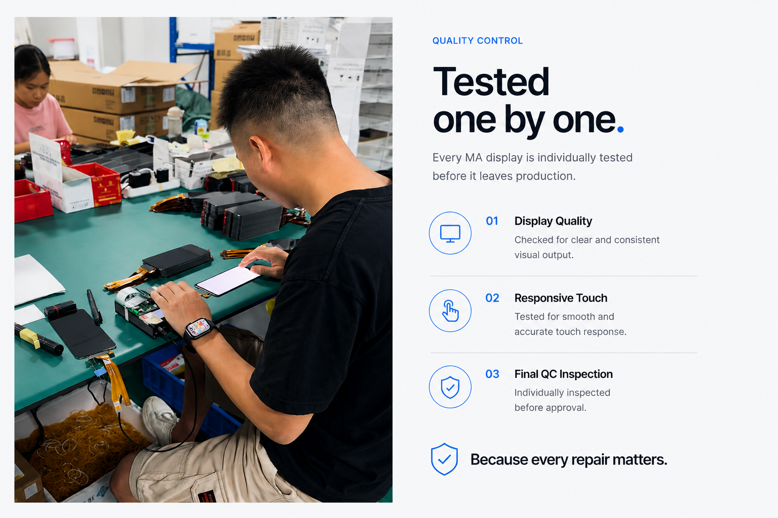 MA factory quality control showing individual LCD display testing, display quality check, responsive touch test and final QC inspection.